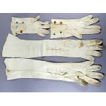 A pair of early 20th century ivory kid elbow length gloves - with pearl buttoned mousquetaire