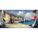 20th Century Italian School Village Bay of Naples Oil on canvas Framed Picture size 38 x 78cm