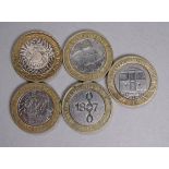 Five £2 coins with commemorative reverses.