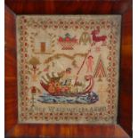 A Victorian needlework sampler - embroidered with Triton, houses and figures, signed Alice