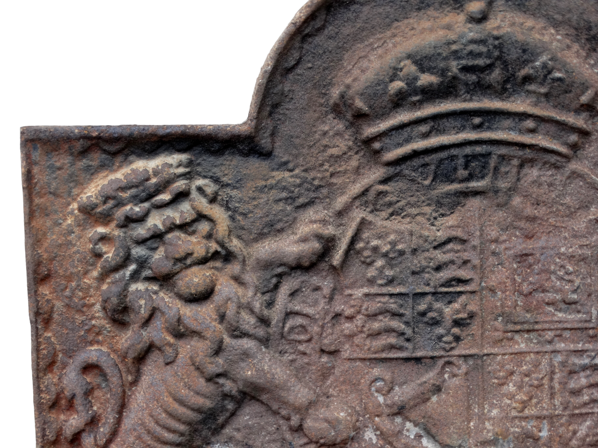 An 18th century cast iron fire back - cast with an armorial of a crown, a lion and a unicorn, height - Image 2 of 4