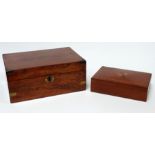 A Victorian teak writing slope - with brass corners and escutcheon engraved with initials, width