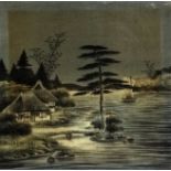 Early 20th century Japanese School - an embroidered panel showing a farmstead beside a river, framed
