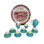 A Wedgwood coffee service of six settings - turquoise and gilt, comprising a coffee pot, a cream