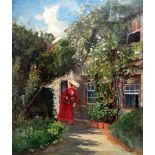 F.G. CRAWFORD (19th/20th Century British School) Elegant Lady In Cottage Garden Oil on canvas
