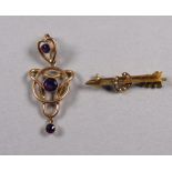 A Belle Epoque 9ct yellow gold amethyst pendant - weight 1.9g, together with a yellow metal bar