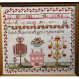 A mid Victorian needlework sampler - showing a house and trees, Sarah Ruscoe Aged 9 1874, framed and