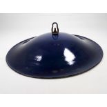 An early 20th century French blue enamel ceiling light reflector - with central hoop and hook,