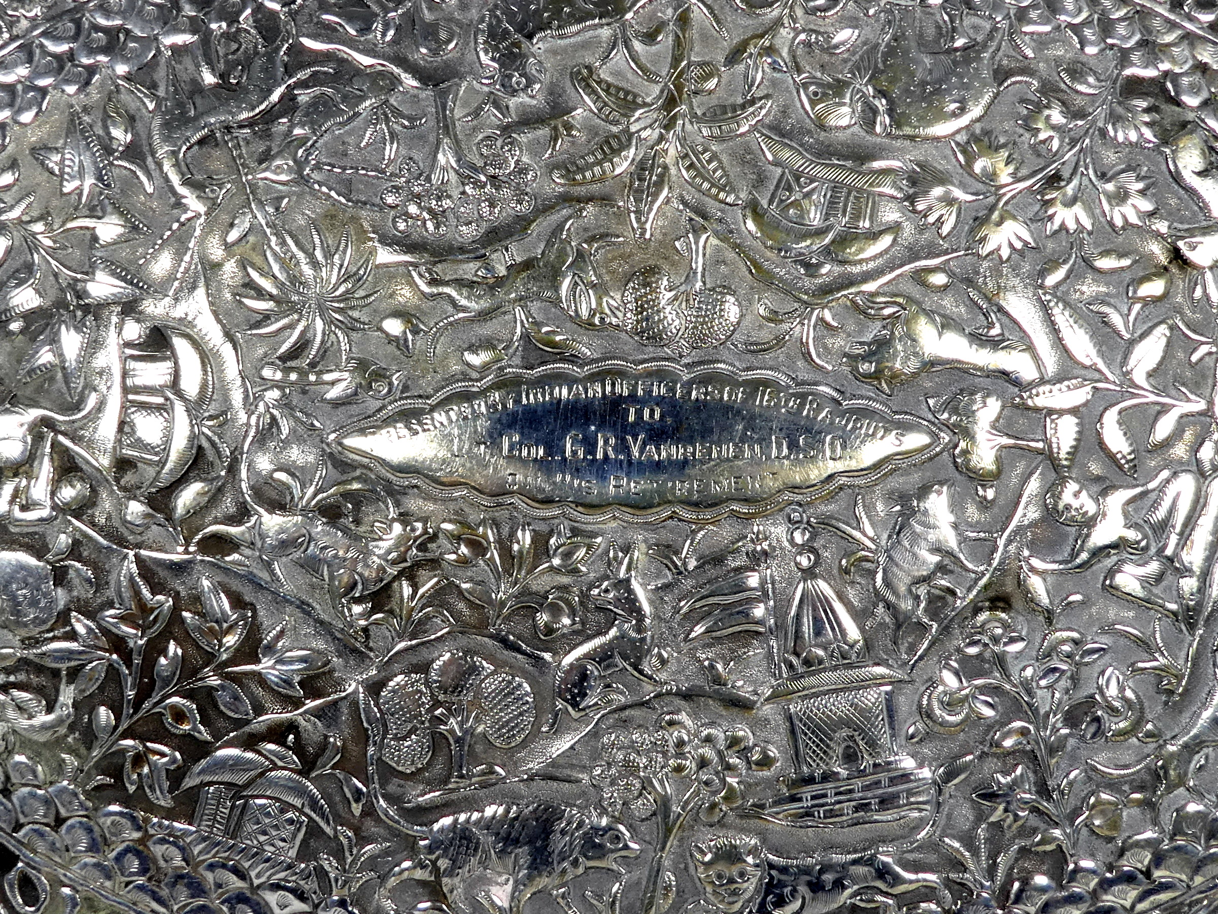 An Anglo Indian white metal tray - pierced with flowers and foliage, repousse decorated with - Image 2 of 5