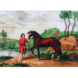 After 17th Century French School Horse and Stable Lad in a Landscape Reverse print on glass Framed