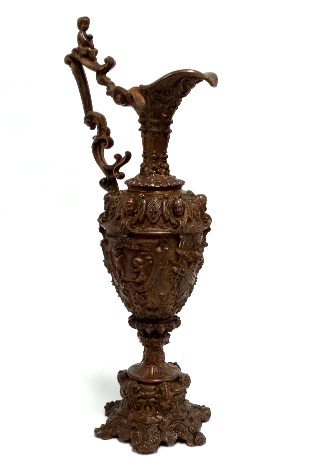 A 19th century spelter bronzed ewer - in Renaissance style, impressed LS to base, height 45cm.