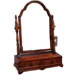 A Queen Anne style walnut toilet mirror - the arched plate between turned supports, the base with an