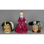 A Royal Doulton figure, 'Grandmother's Dress', together with two character jugs, Long John Silver