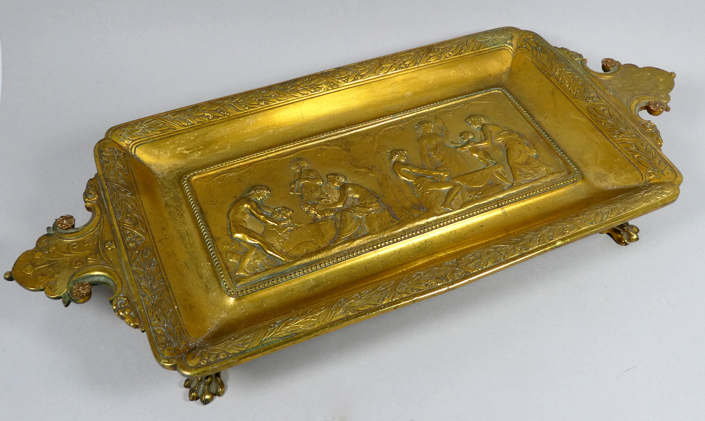 A late 19th century gilt bronze classical tray - decorated with a classical scene, signed E. Robert,