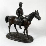 A 19th century horse and jockey - cast with bronzed finish on an oval naturalistic base, width 25cm,