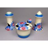 Clarice Cliff - 'Marguerite' pattern cruet set, circa 1933, relief moulded with flowers and foliage,
