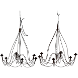 A pair of contemporary wrought steel chandeliers - incorporating six candle branches, height 99cm,