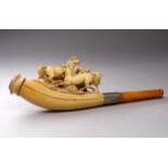 A late 19th century meerschaum cheroot holder - modelled with three frisky horses and an amber