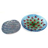 A large graduated blue to green opaque glass bowl - decorated with butterflies, diameter 53cm,