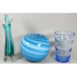 A pale blue glass vase of ribbed form - possibly Whitefriars, height 20cm, together with two further