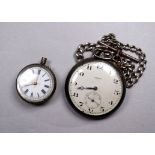A silver cased open face pocket watch by Derrick - the white dial set out in Arabic numerals,