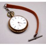 A 14ct yellow gold cased open face pocket watch - the white enamel dial set out in Roman numerals