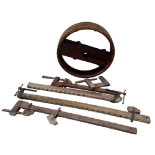 Four hardwood and metal sash cramps - longest length 179cm, together with a G clamp and a wooden
