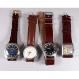 Four gentlemans wristwatches - Tank chrome watch in Art Deco style with a tan leather strap,
