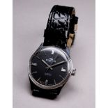 A Fortis gentlemans manual wind wristwatch - stainless steel case with black dial set out in Roman