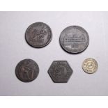 Five tokens - including Oldham Co-Operative Society £1, Birmingham penny, John Williamson Halifax