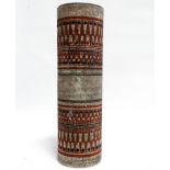 A Troika cylindrical vase - the painted decoration with geometric bands on a rough textured