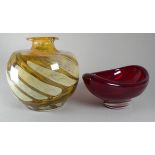 A Mdina style vase - of globe form, amber and white glass marbled swirls, height 16cm, together with