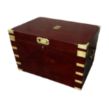 A late 19th century mahogany and brass bound campaign trunk - the lid with engraved cartouche and