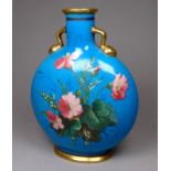A Minton moon flask - decorated with flowers on a turquoise ground, with gilt detailing, height