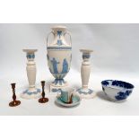 A Wedgwood 'Queens Ware' vase - decorated with figures, height 30cm, together with a similar pair of