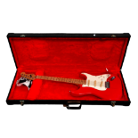 An red electric guitar - stamped 'Fender', in a rugged carrying case.