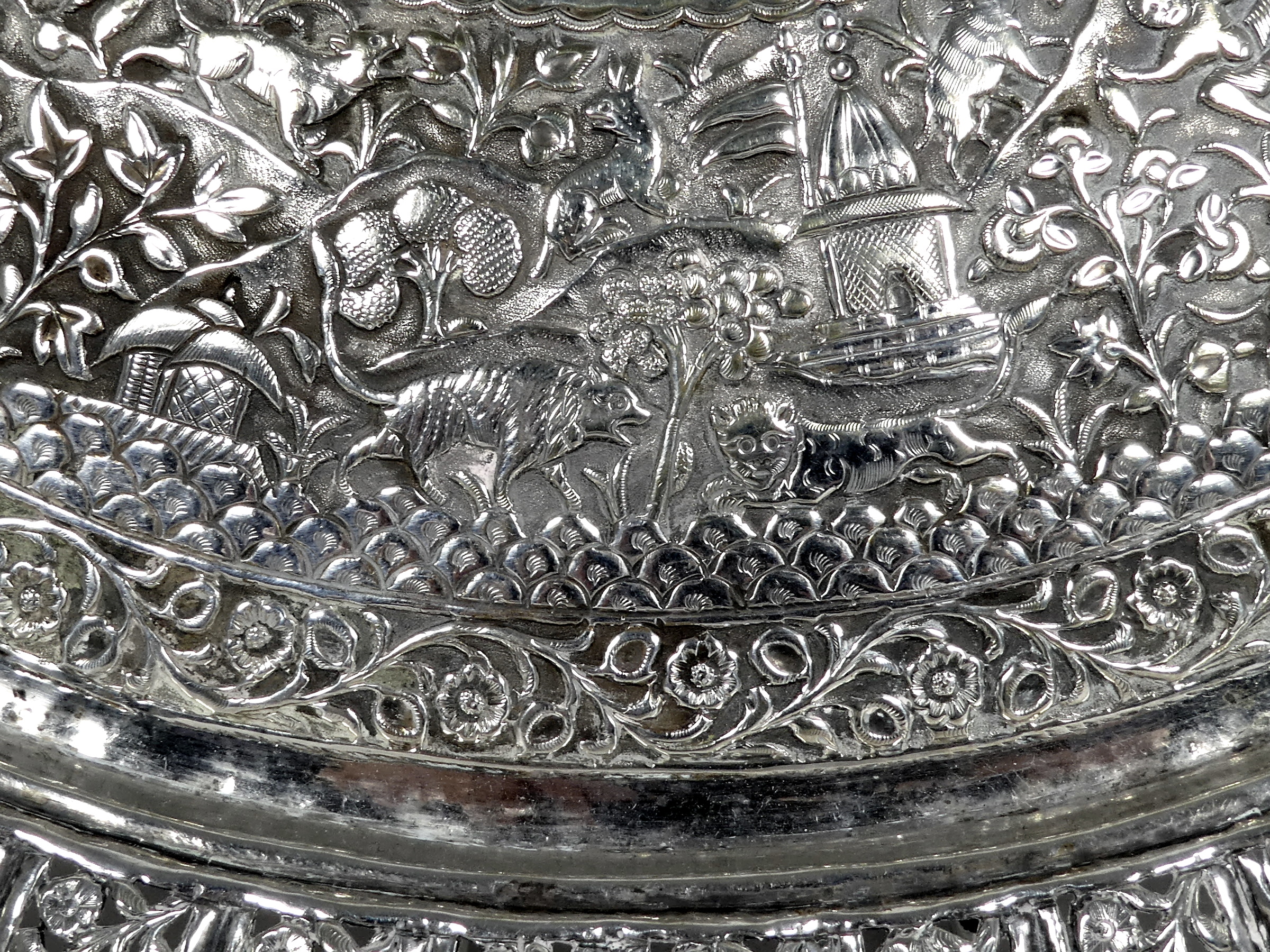 An Anglo Indian white metal tray - pierced with flowers and foliage, repousse decorated with - Image 3 of 5