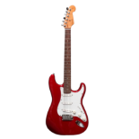 A candy apple red electric guitar - stamped 'Fender', with a soft carrying case.