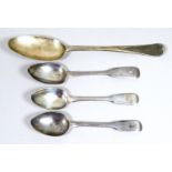 A silver tablespoon - Exeter 1764, engraved with ownership initials, together with three other,