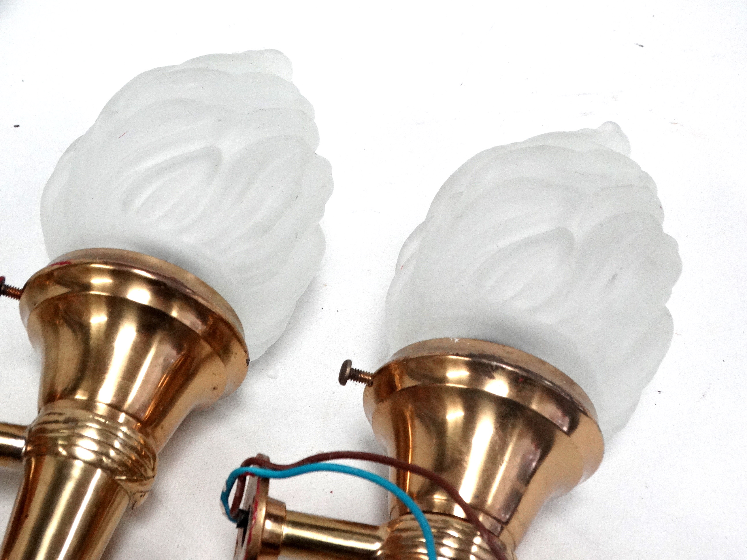 Three late 20th century brass torchere wall lights - with twin fixings and frosted clear glass - Image 2 of 2