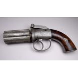 A percussion pepperbox revolver - with walnut grip, steel trigger guard and floral engraved steel