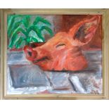D.A. (20th Century British) Pig's Head Acrylic on canvas board Signed with initials lower right