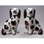 A pair of late 19th century Staffordshire dogs - the seated spaniels with iridescent copper