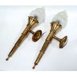 A pair of late 20th century brass torchere wall lights - with frosted clear glass flambe shades,