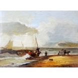 20th Century British School Unloading The Catch Squally Day Oil on canvas board Indistinctly
