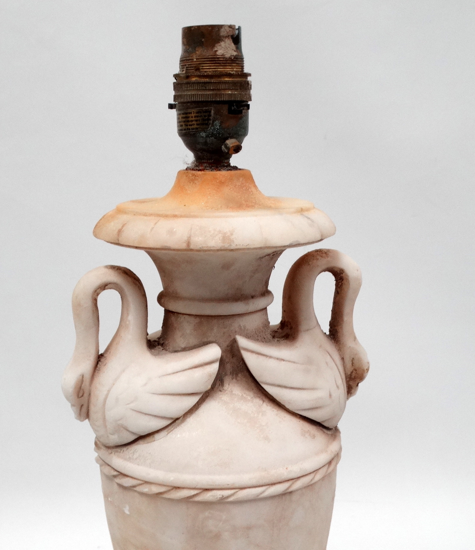 An early 20th century alabaster table lamp - of baluster form and swan shaped twin handles, height - Image 4 of 11