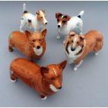 Five Beswick dogs - including two Corgis, a Rough Collie, a Wire Hair Fox Terrier and a Jack Russell