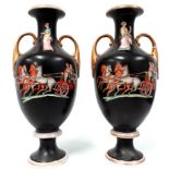 A pair of 19th century baluster shaped vases - with twin gilt leaf handles, decorated with classical