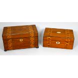 A mid Victorian walnut Tunbridgeware sewing box - rectangular with a mother-of-pearl plaque and