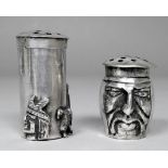 A Peruvian white metal novelty condiment set - decorated with masks and a llama, stamped to base,